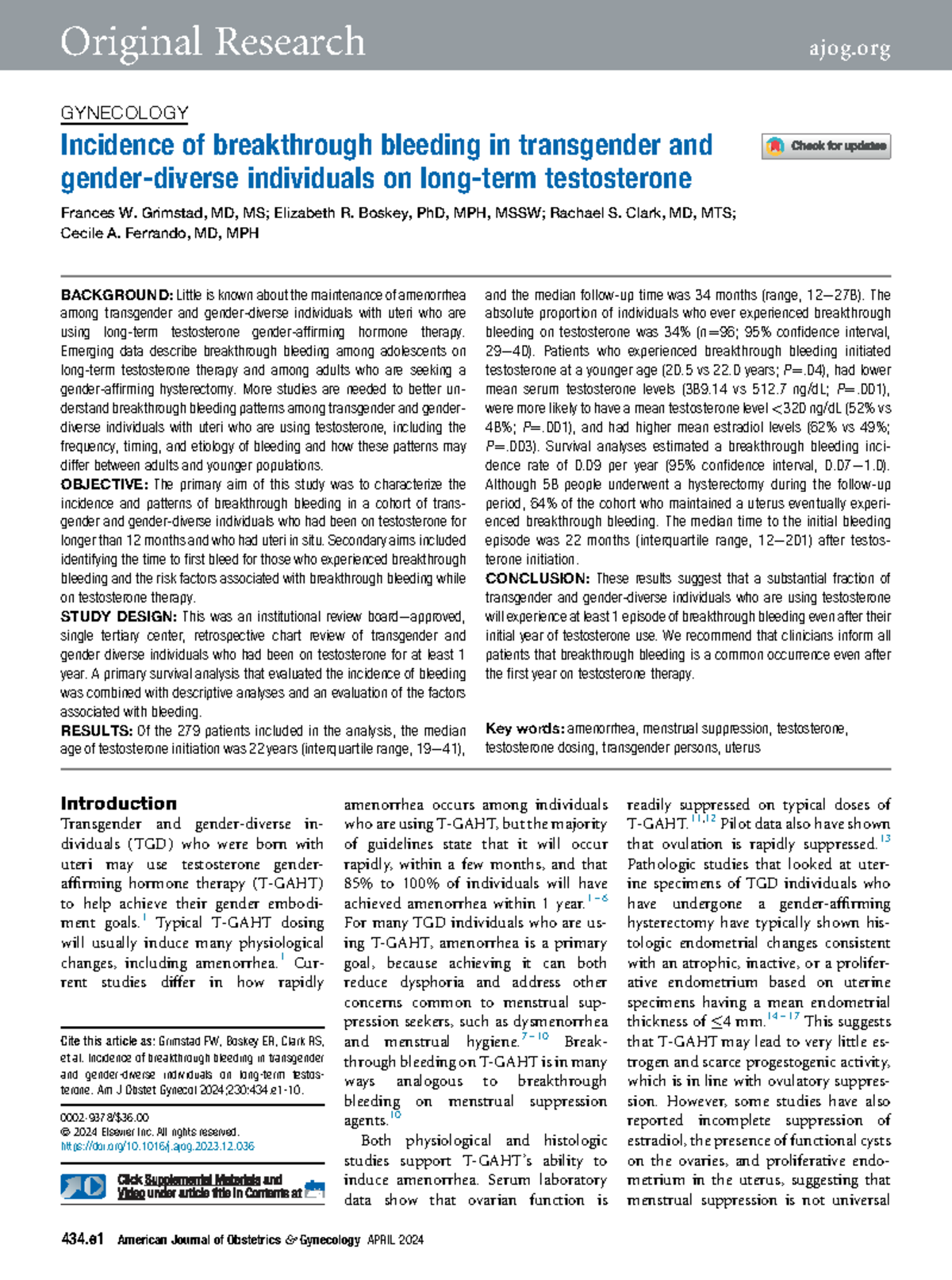 Incidence of Breakthrough Bleeding in Transgender Individuals on ...