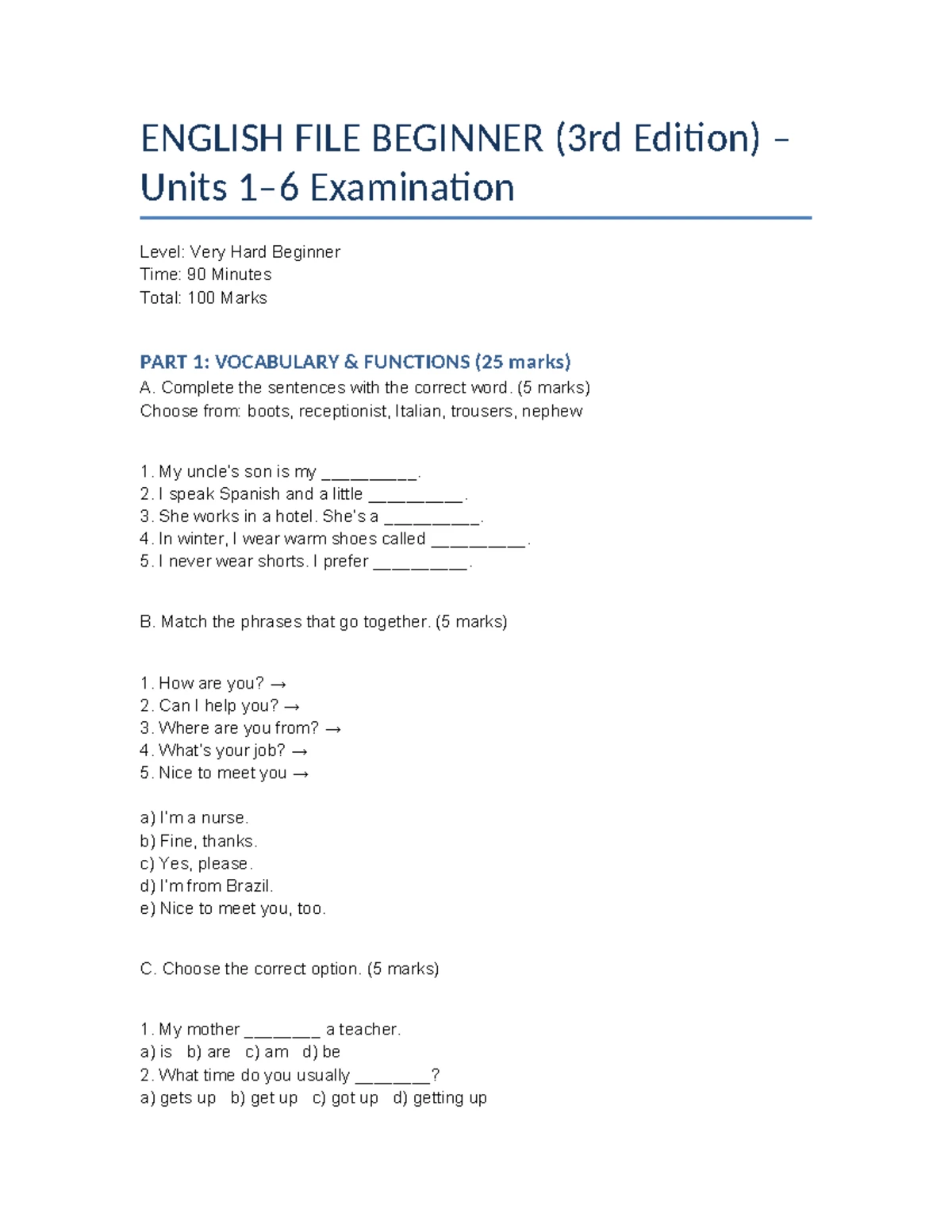 English File Beginner (3rd Ed) Very Hard Exam: Grammar & Vocabulary ...