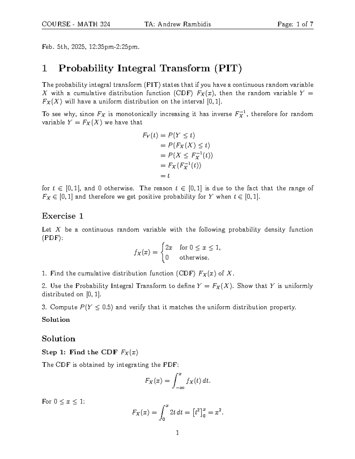 MATH 324 Tutorial 04 Solutions: Probability Integral Transform - Studocu