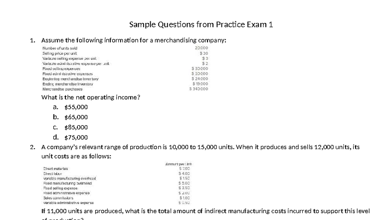Practice Exam 1 Sample Questions for Students - Studocu