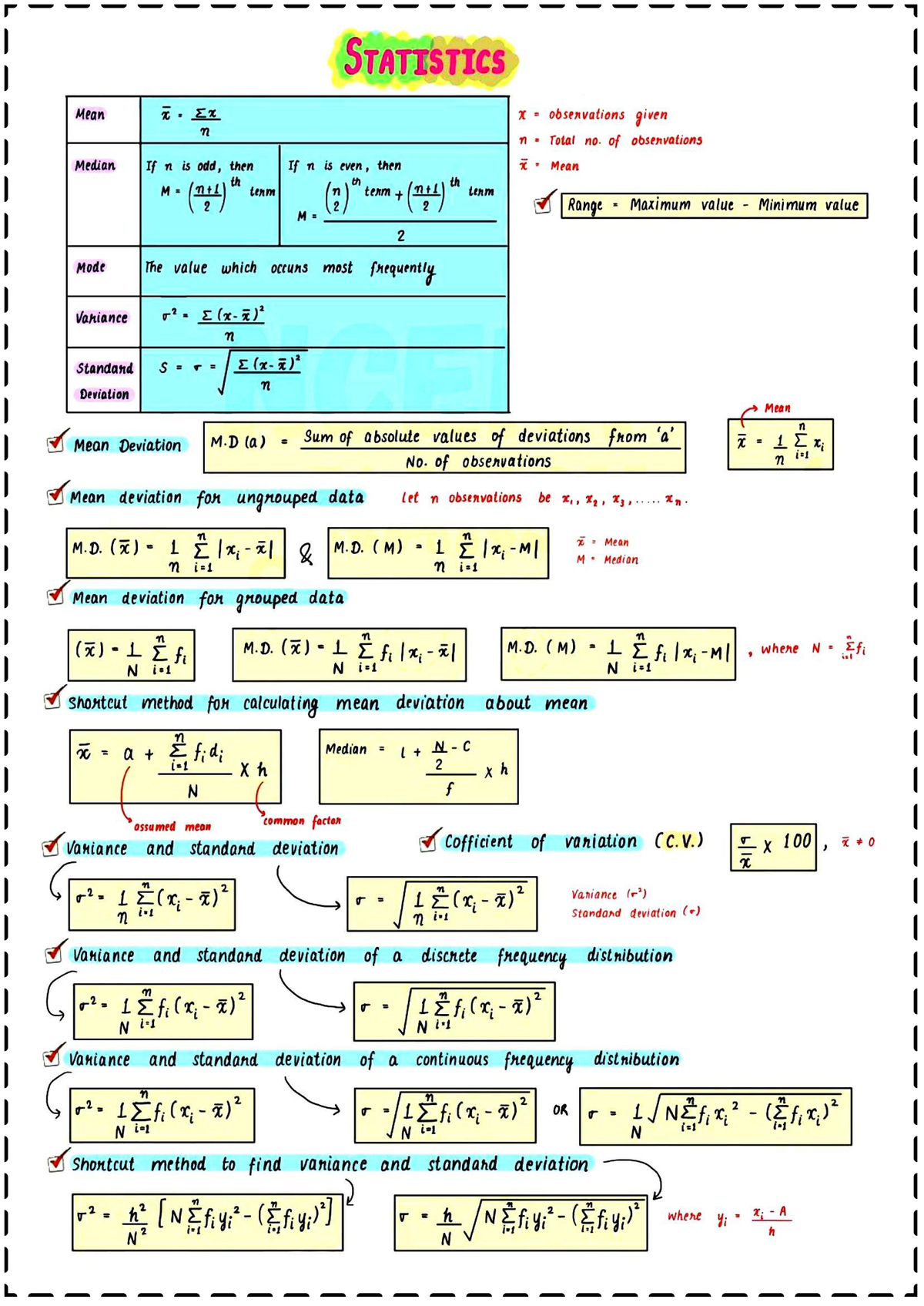 STATISTICS Mean, Median, Mode, Variance & Deviation Notes - Studocu