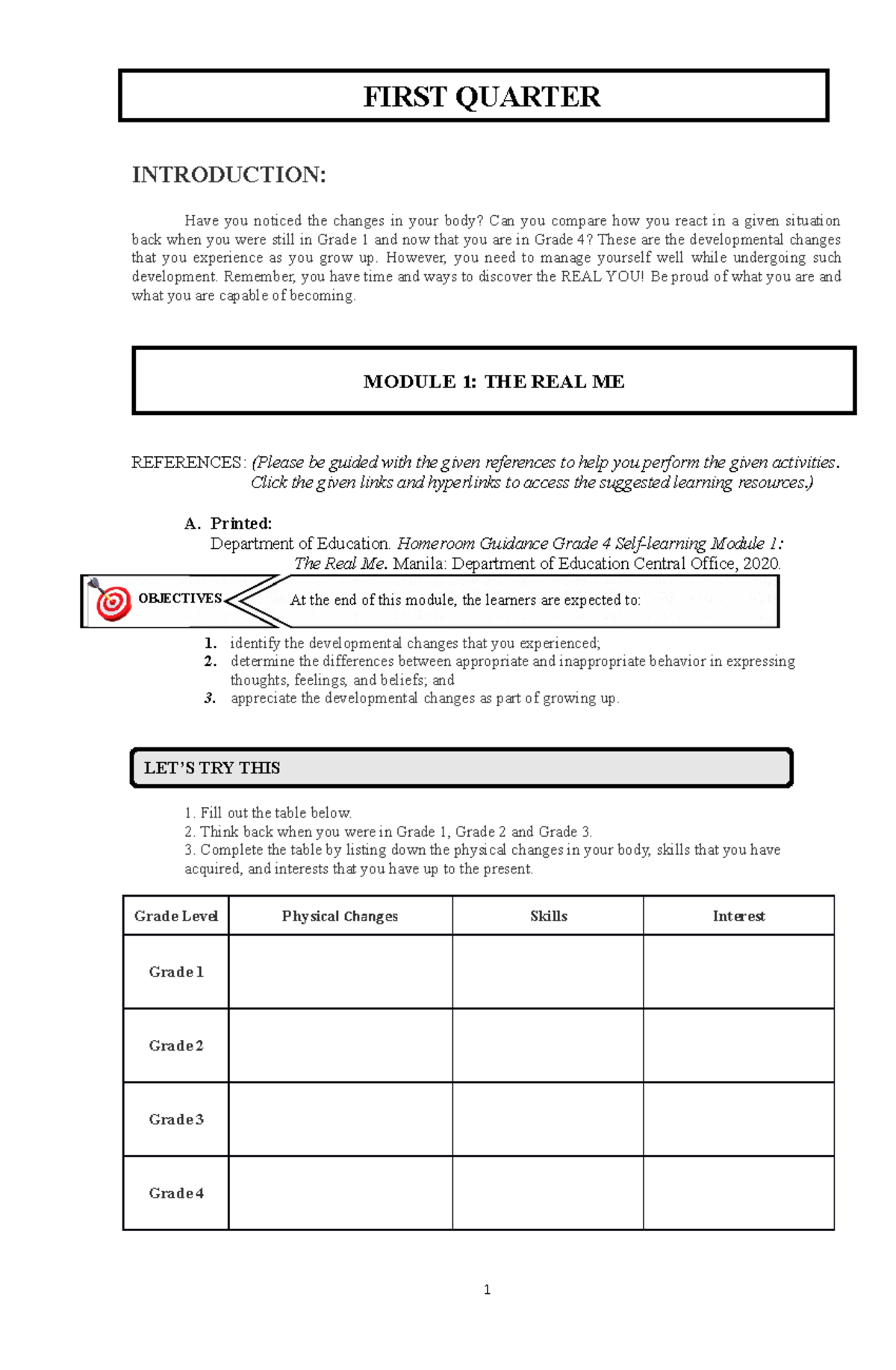 Homeroom Guidance Module for Grade 4: First Quarter - The Real Me - Studocu