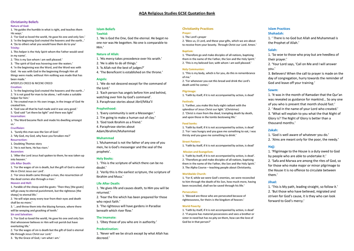 AQA GCSE Religious Studies: Comprehensive Quotation Notes - Studocu