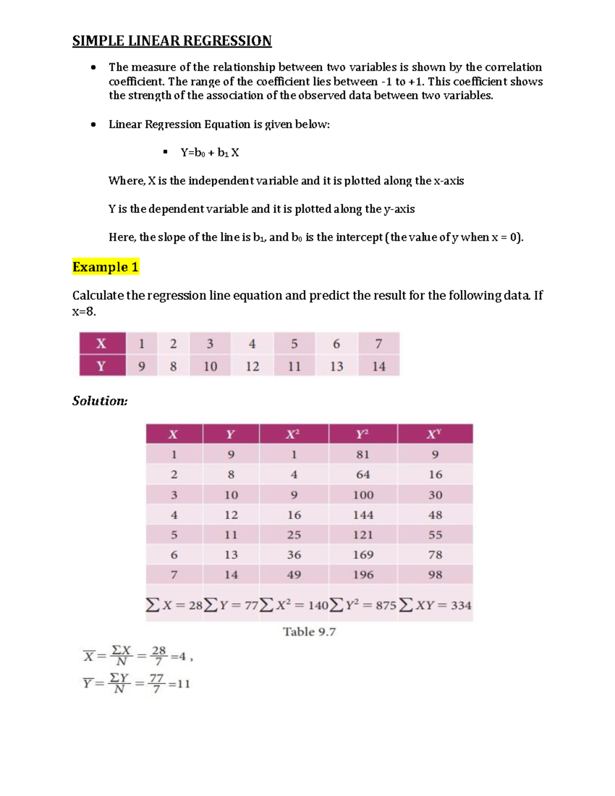 Simple Linear Regression Problem - Key Concepts & Examples - Studocu