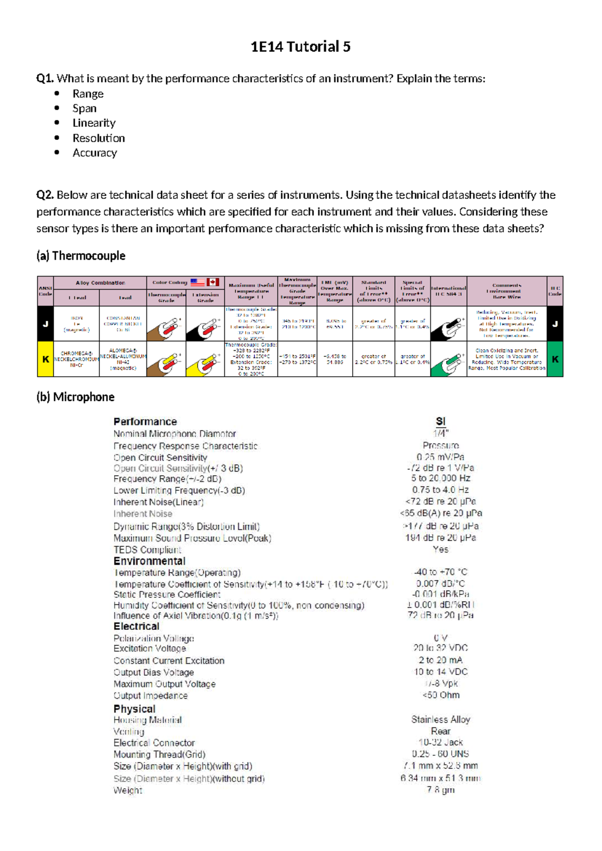 1E14 Tutorial 5: Performance Characteristics of Sensors - Studocu
