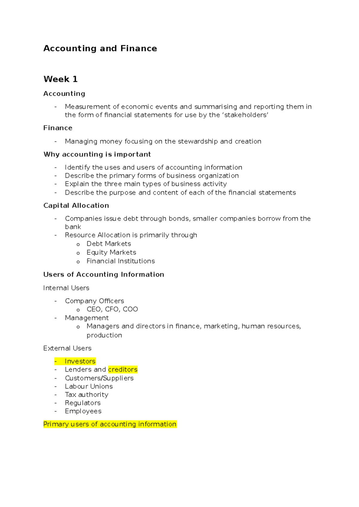 Accounting and Finance Notes: Week 1 Overview of Financial Statements ...