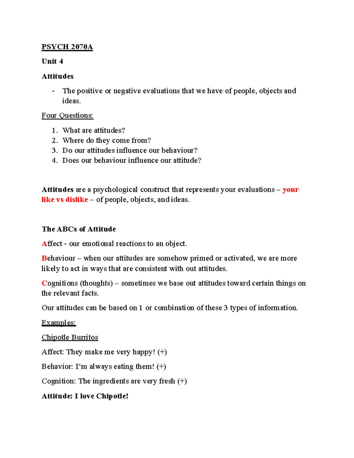 PSYCH 2070A Unit 4-6 Lecture Notes on Attitudes and Behavior - Studocu