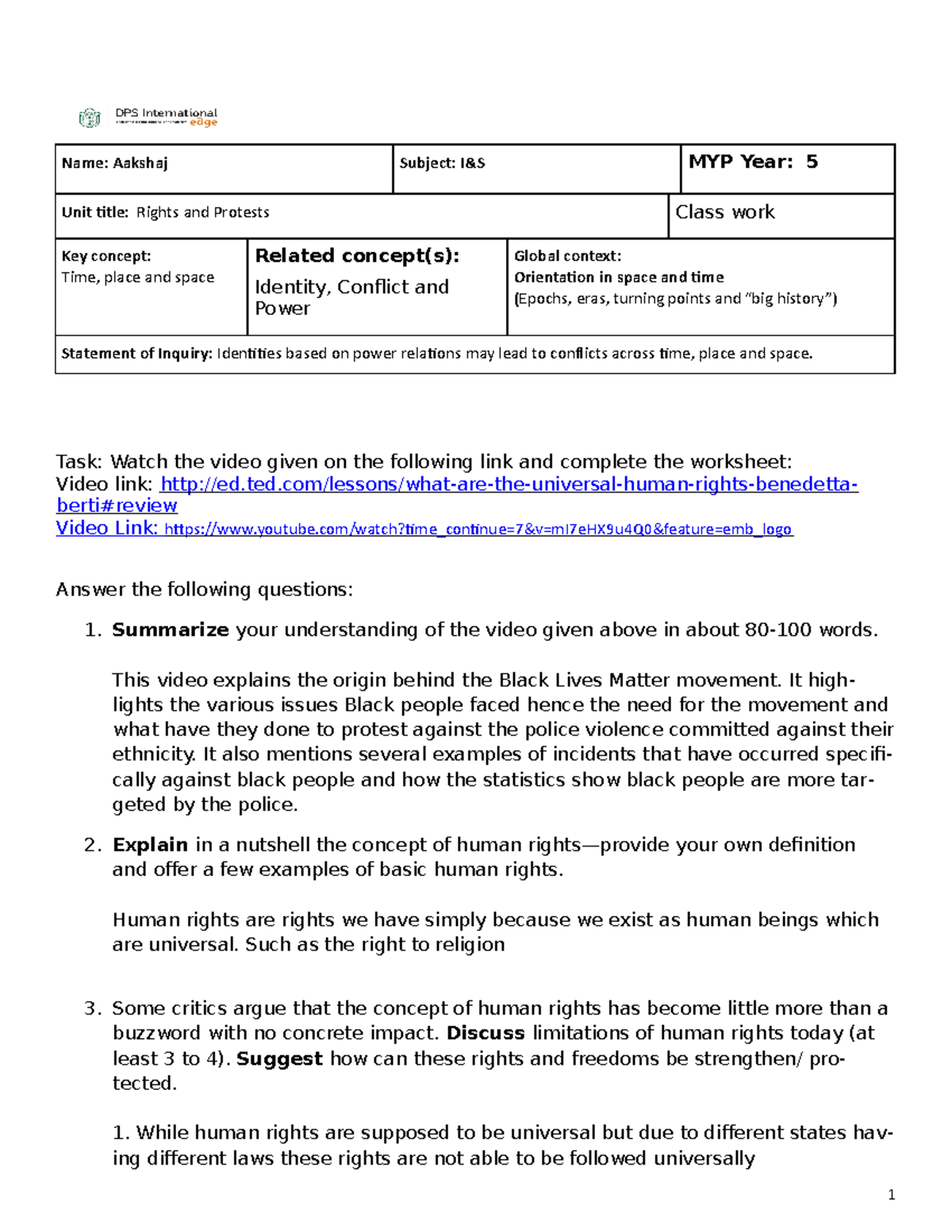 Human Rights - MYP 5 - UNIT 1 - Class Work Worksheet 1 - Studocu