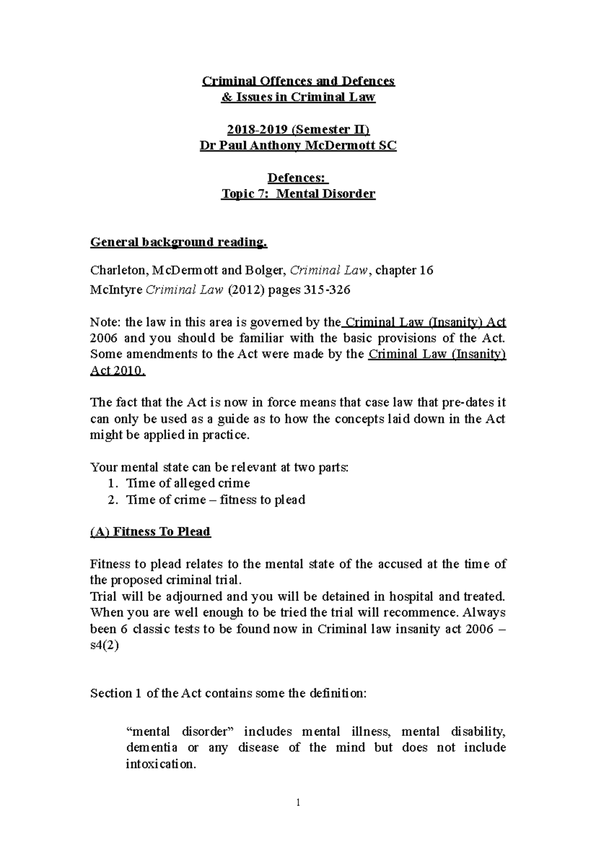 Criminal Law Semester 2 Topic 7 Insanity - Criminal Offences and ...