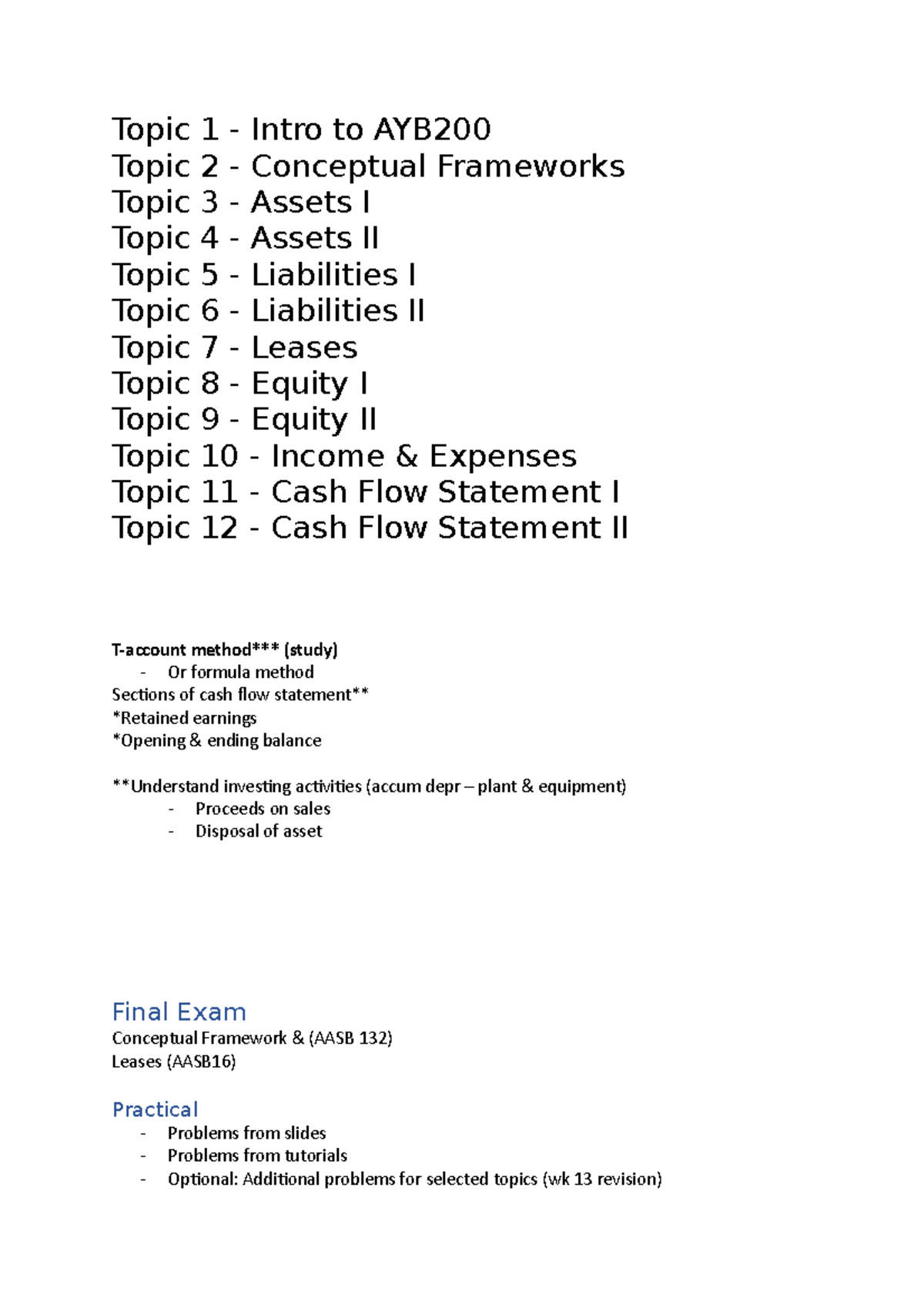AYB200 Review Summary - Topic 1 - Intro to AYB Topic 2 - Conceptual ...