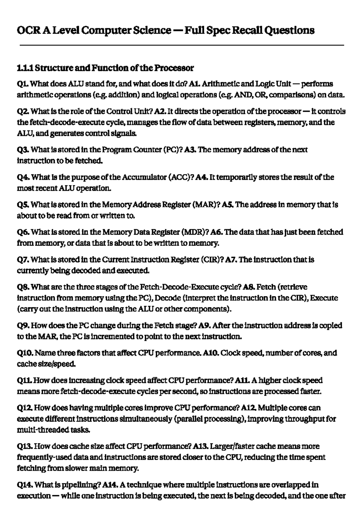 OCR A Level Computer Science Recall Questions: Processor & Software ...