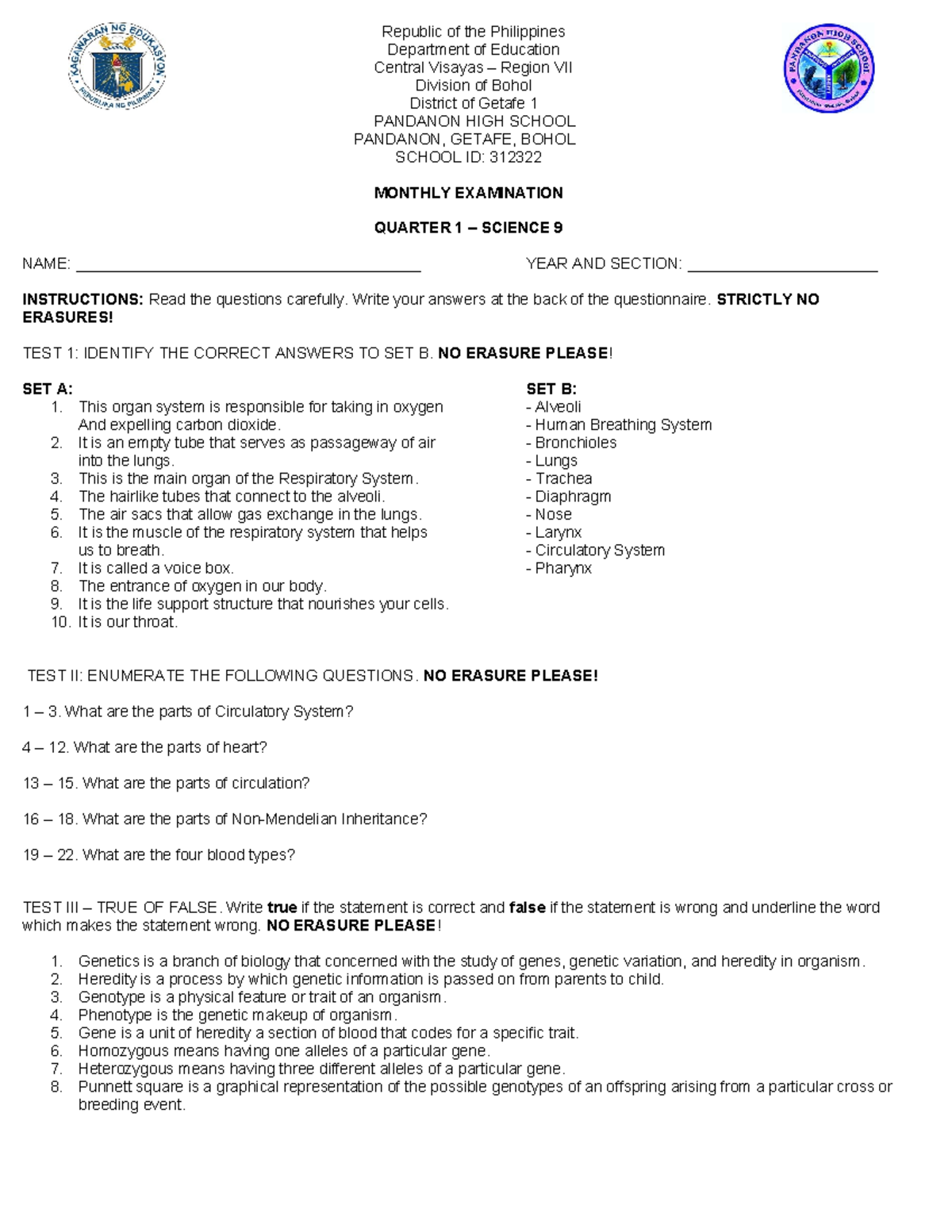 Science 9 Monthly Examination - Quarter 1 (SET A & B) - Studocu
