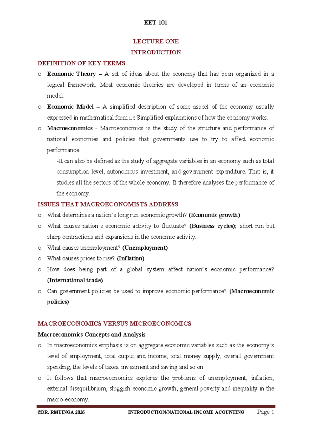 EET 101 Lecture 1: Introduction to Economic Theory and Key Terms - Studocu