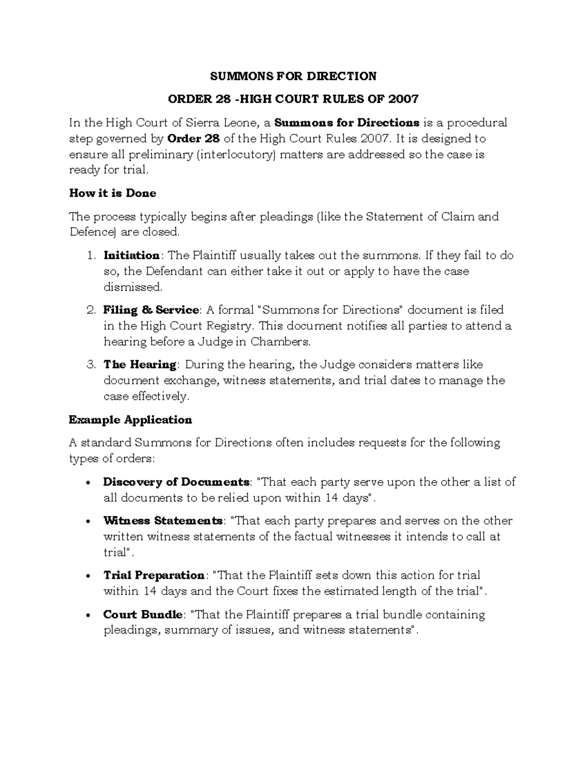 Summons for Directions - Order 28 High Court Rules 2007 - Studocu