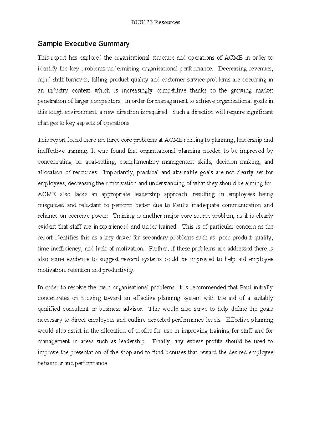 Sample Executive Summary 2 - BUS123 Resources Sample Executive Summary ...