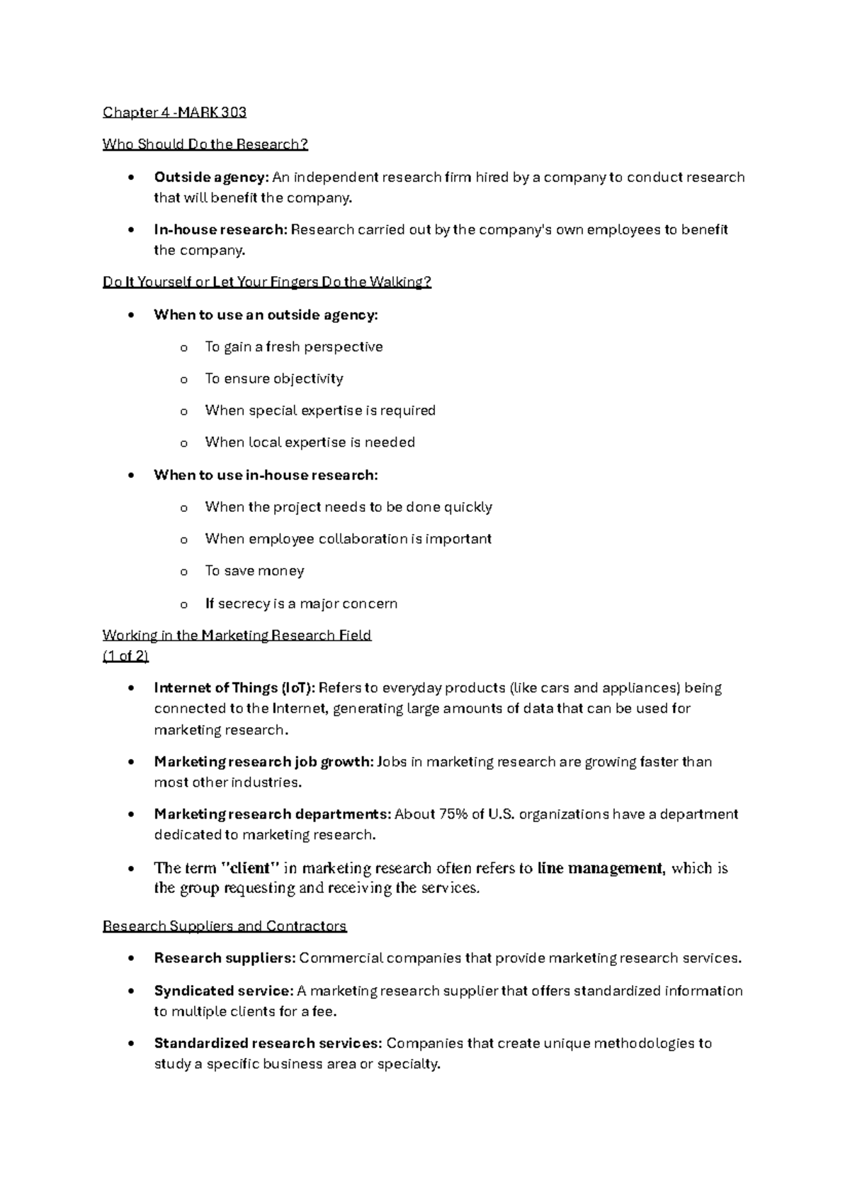 Chapter 4 Summary: Who Should Conduct Marketing Research? 303 - Studocu