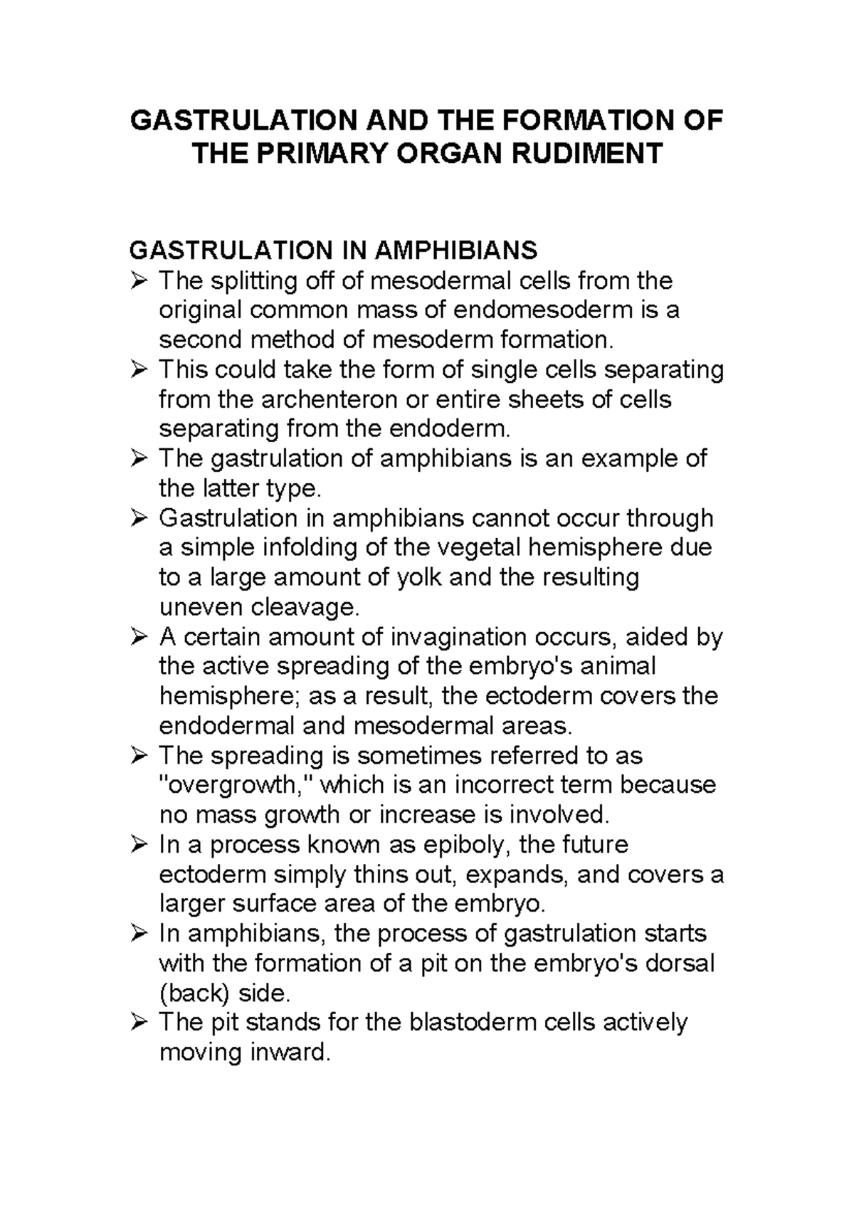 Gastrulation and Primary Organ Rudiment Formation in Amphibians - Studocu