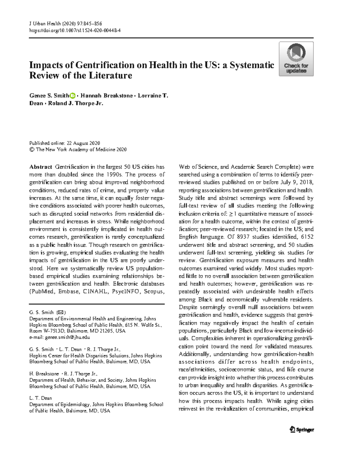 Impacts of Gentrification on Health in the US: A Systematic Review ...