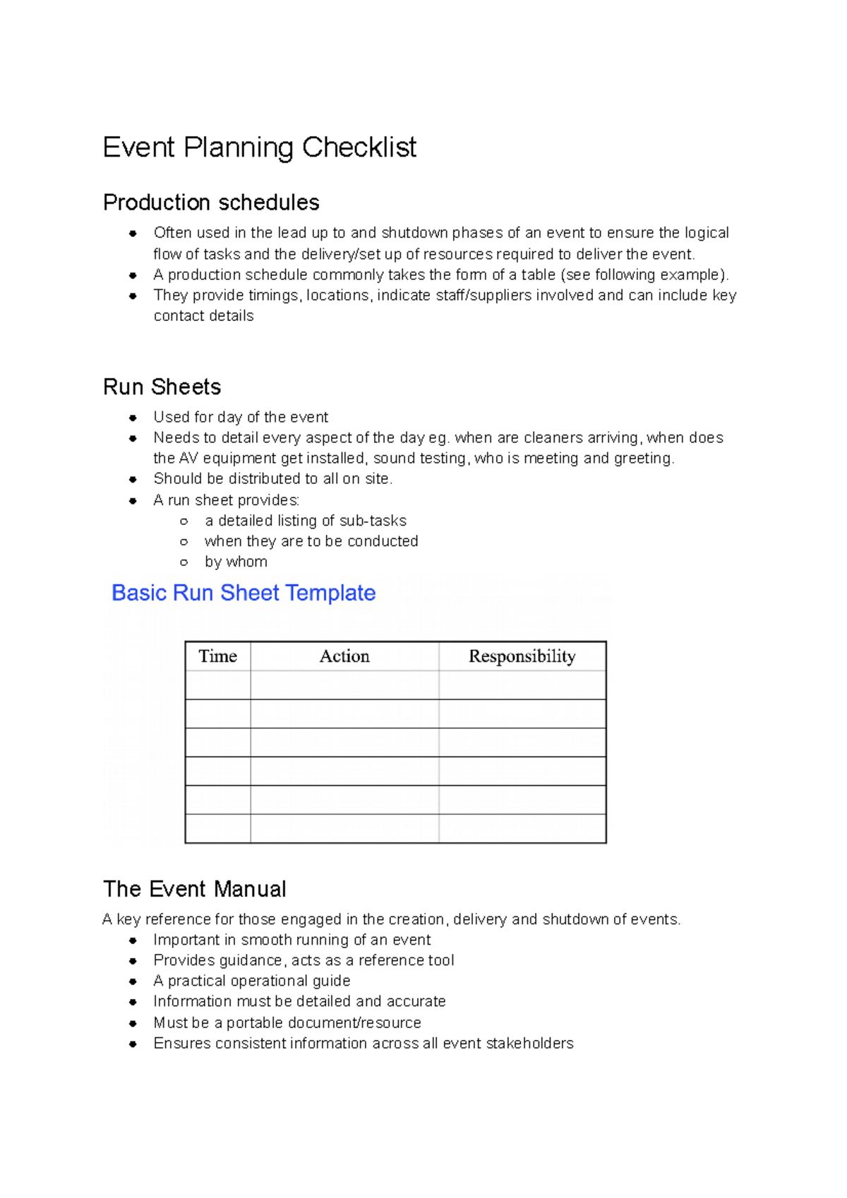 Lecture 8 - Event Planning Checklist Production schedules Often used in ...