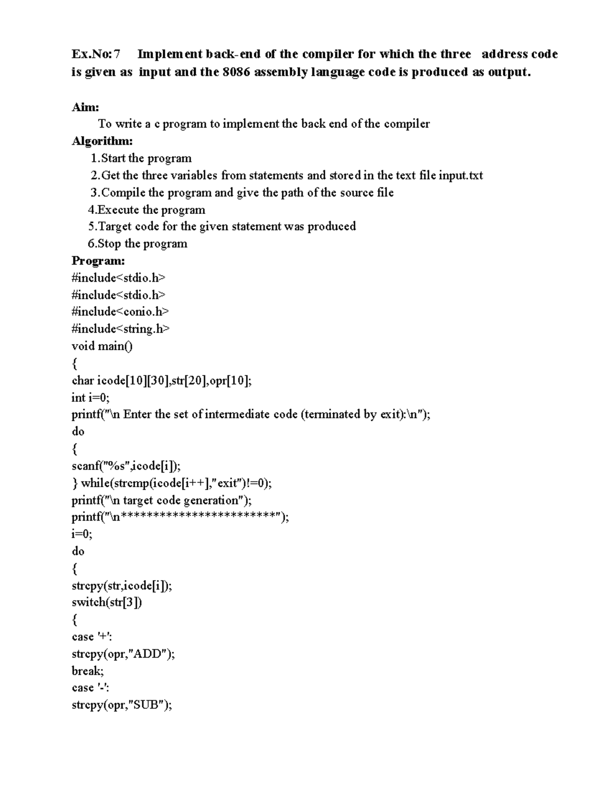 Ex7 - GT exp full - Ex:7 Implement back-end of the compiler for which ...