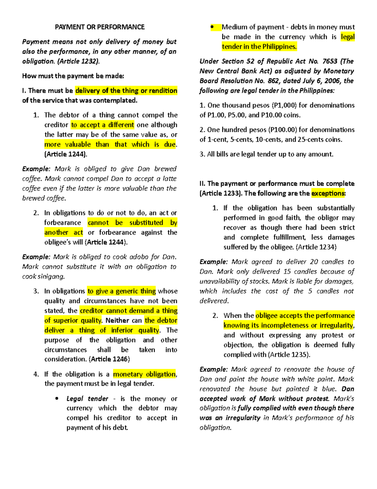 Payment or Performance - PAYMENT OR PERFORMANCE Payment means not only ...