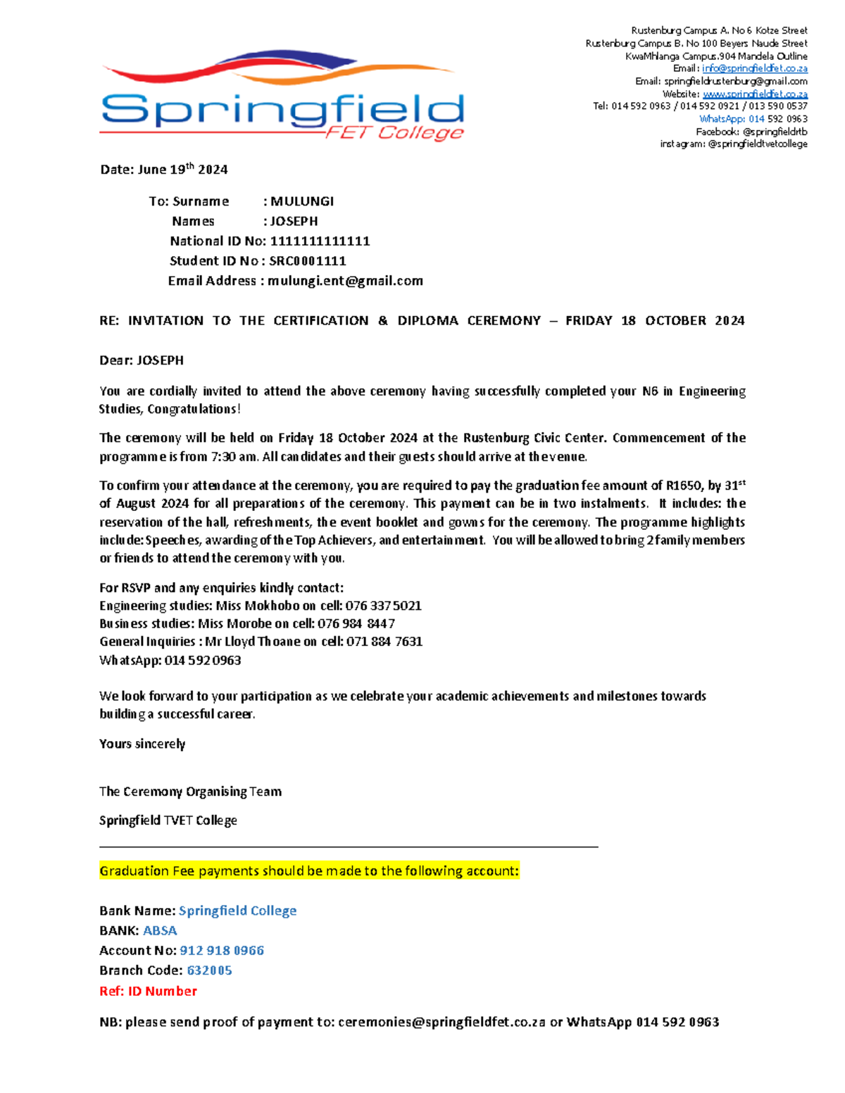 240619 Certification Ceremony Letter - Rustenburg Campus A. No 6 Kotze ...