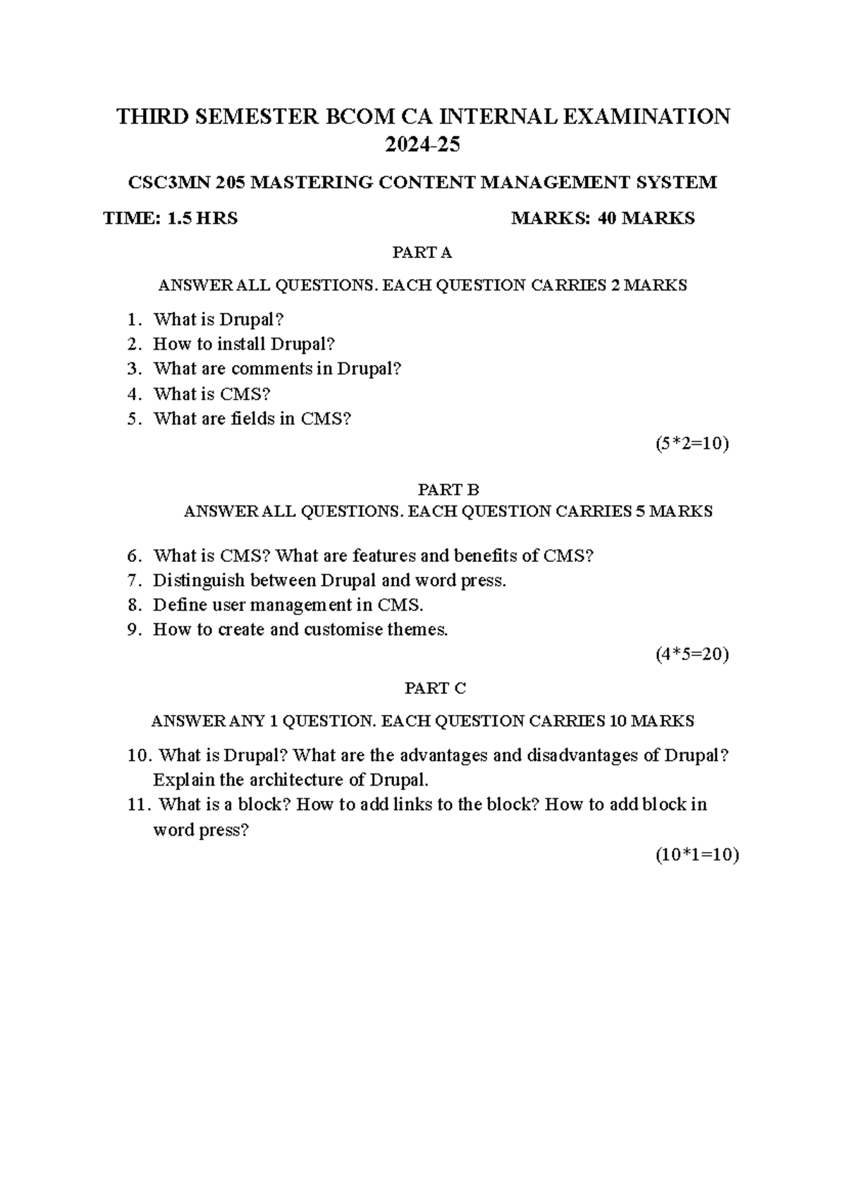 BCOM CA Internal Exam CSC3MN 205: CMS Mastery Questions - Studocu