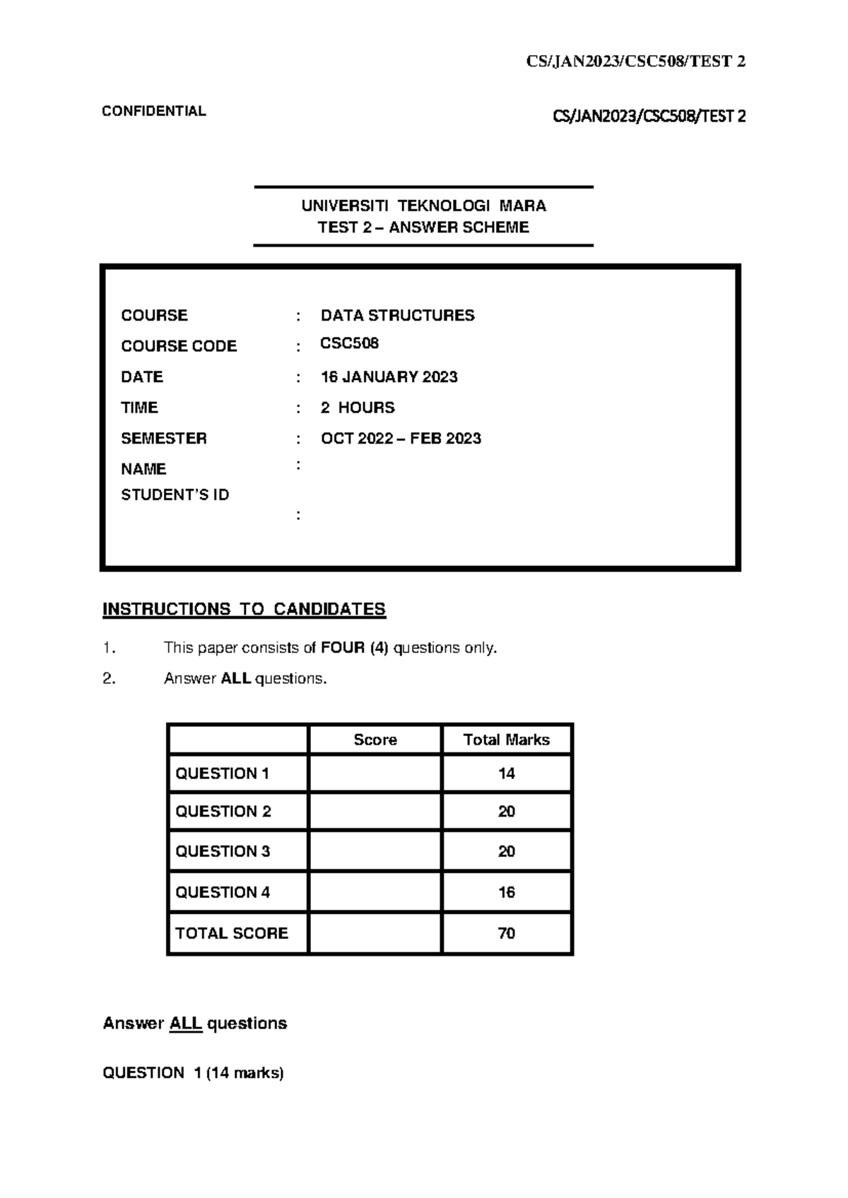 CSC508 TEST 2 ANSWER SCHEME - DATA STRUCTURES - Studocu