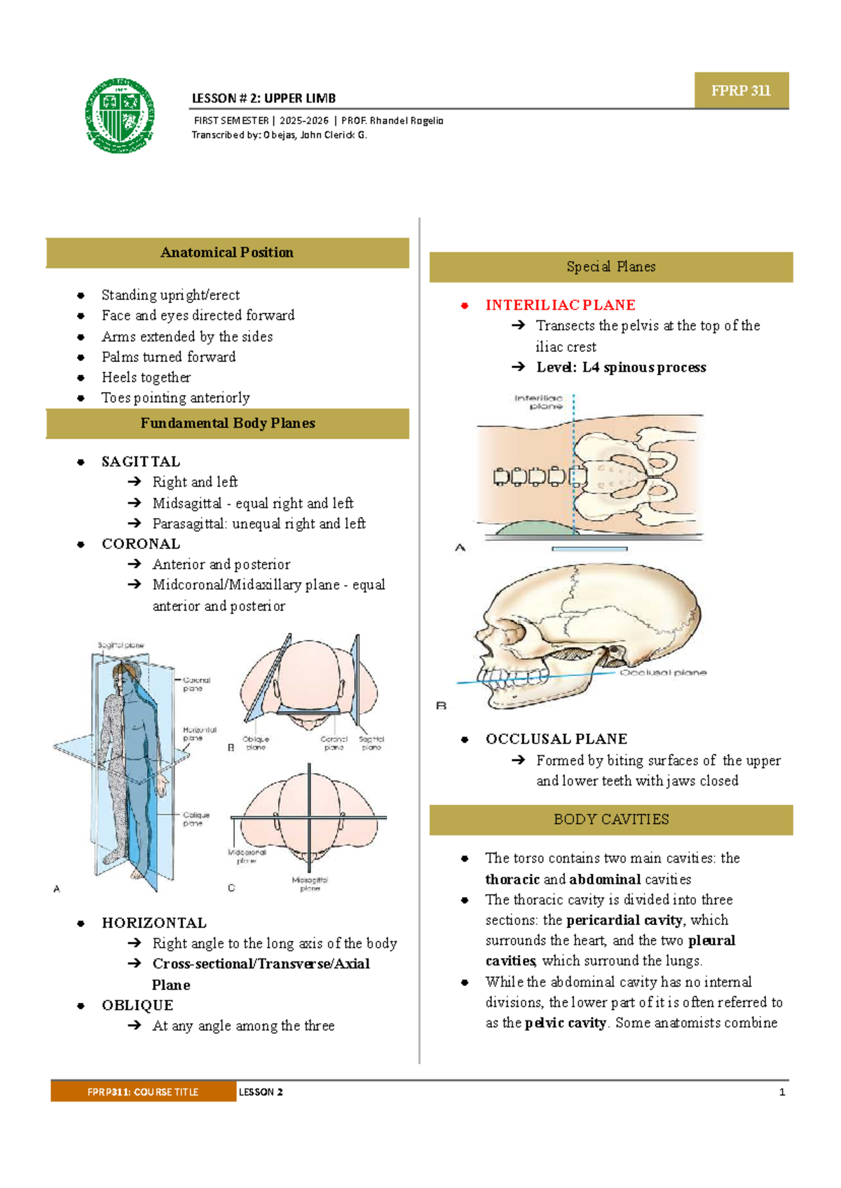 FPRP 311 LESSON 2: UPPER LIMB ANATOMY AND PROJECTIONS - Document Preview