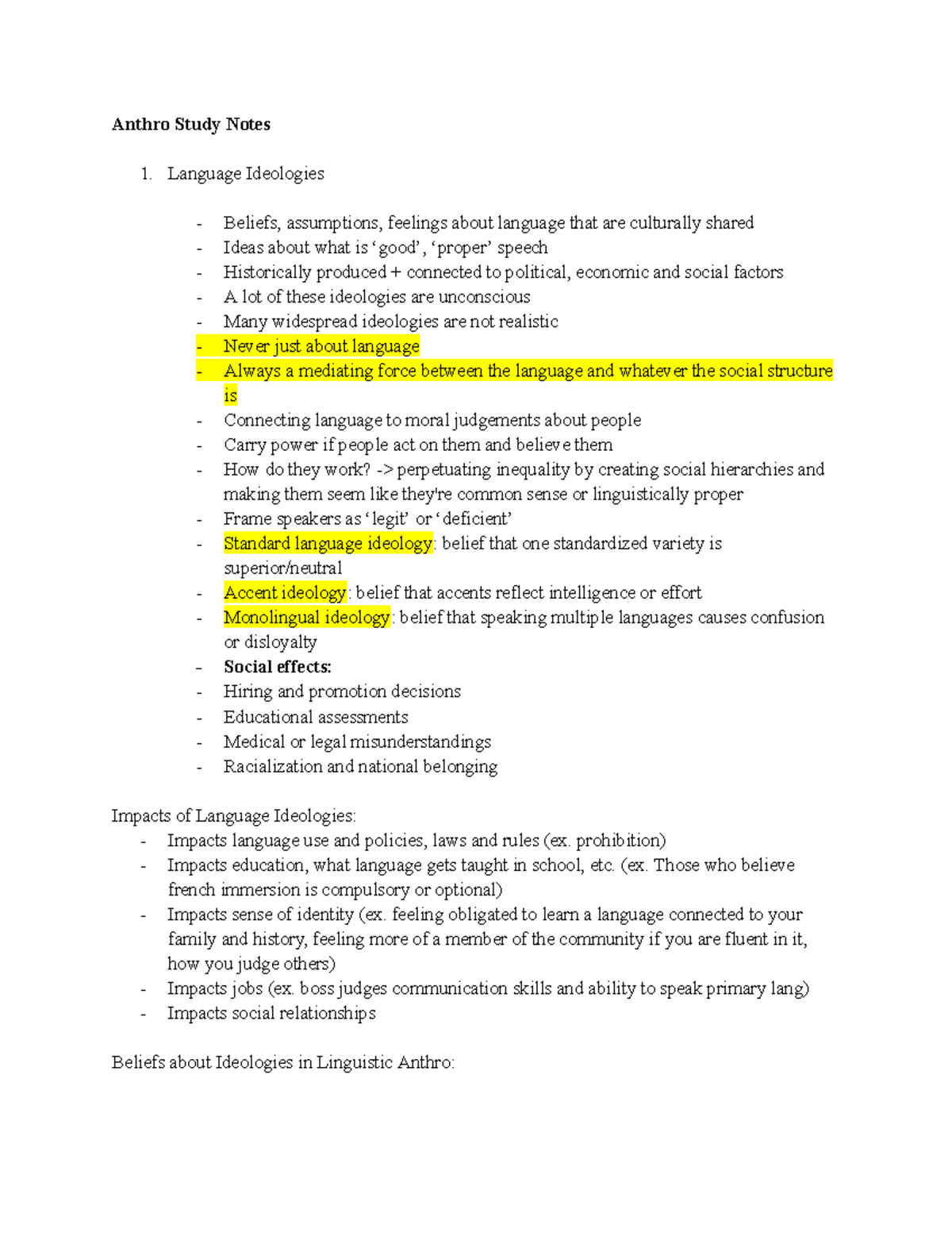 Anthro 101 Lecture Notes: Language Ideologies and Social Impact - Studocu