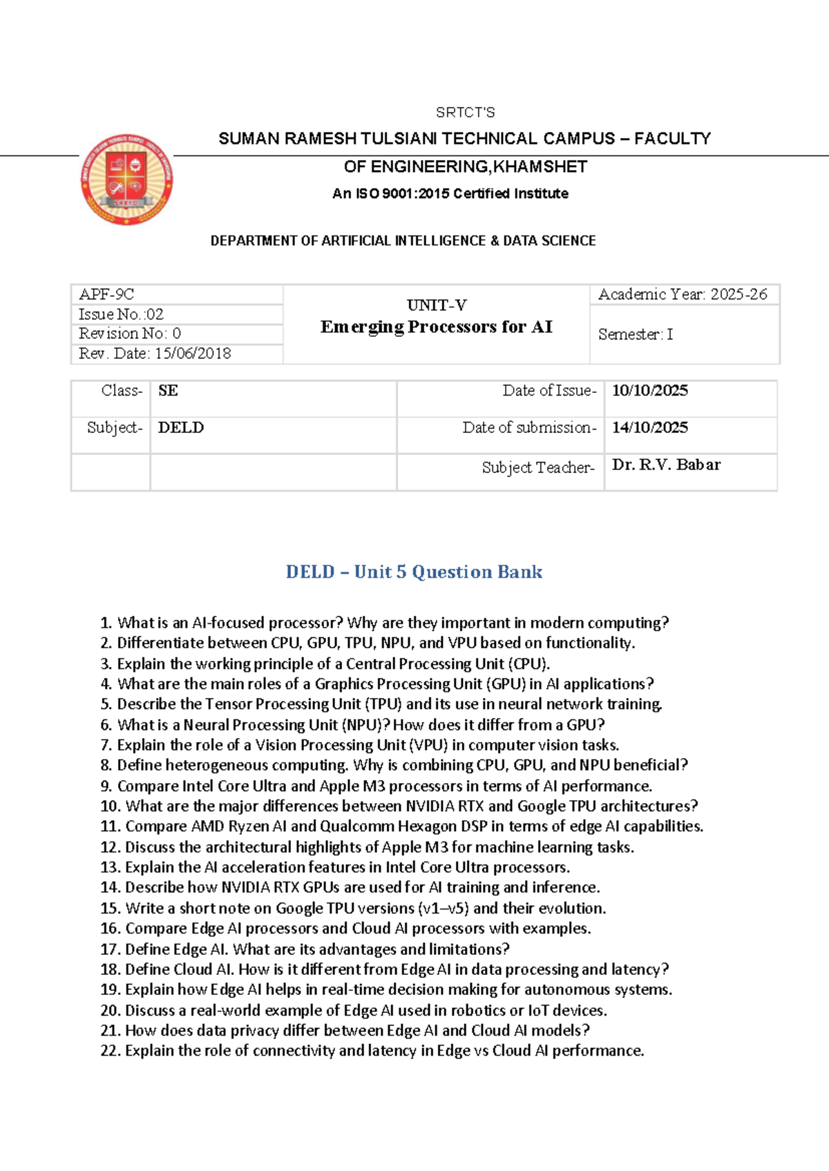 DELD AI Semester I: Unit 5 Question Bank on Emerging Processors - Studocu