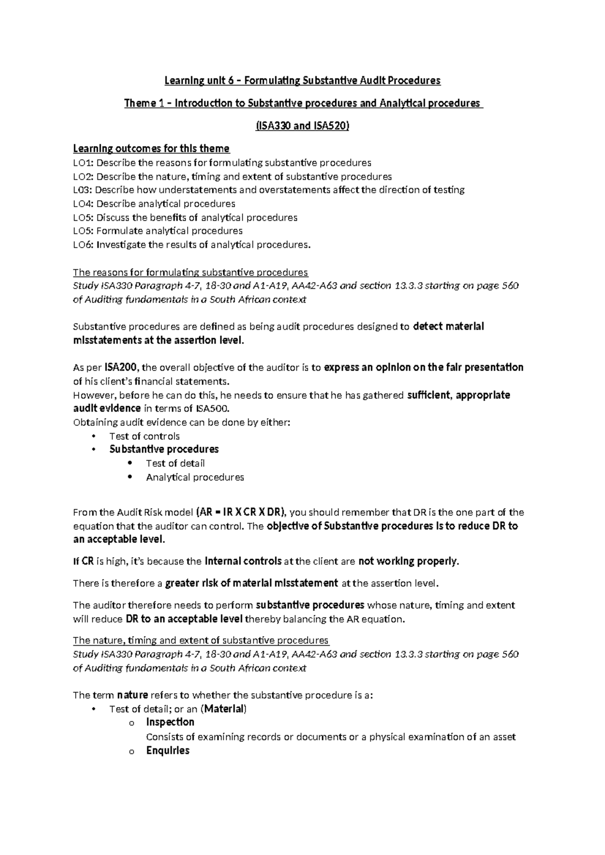 Learning Unit 6: Substantive Audit Procedures (ISA330 & ISA520) - Studocu