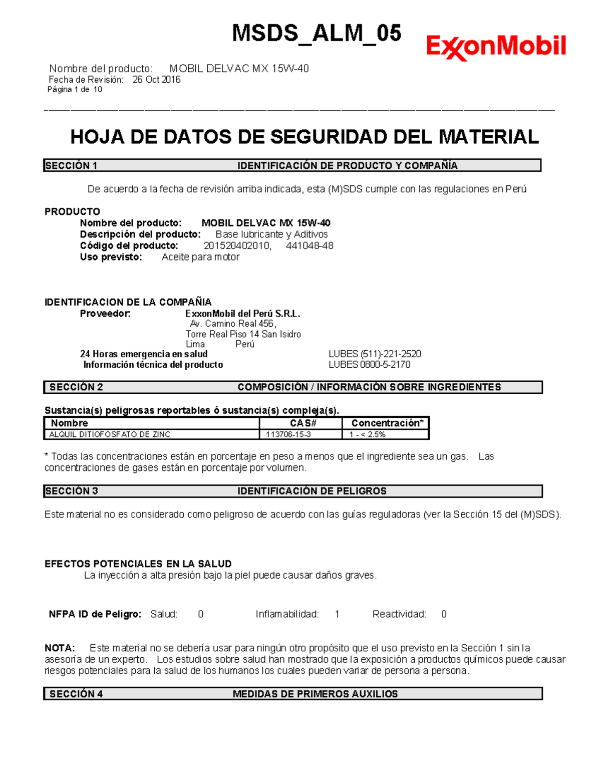 MSDS ALM 05: Seguridad y Manejo de Mobil Delvac 15W40 - Studocu