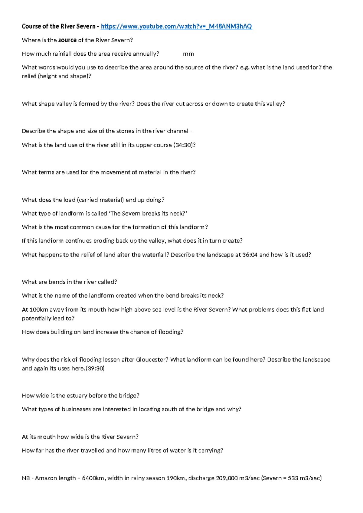 Video Questions on the Course of the River Severn (Geography 101) - Studocu