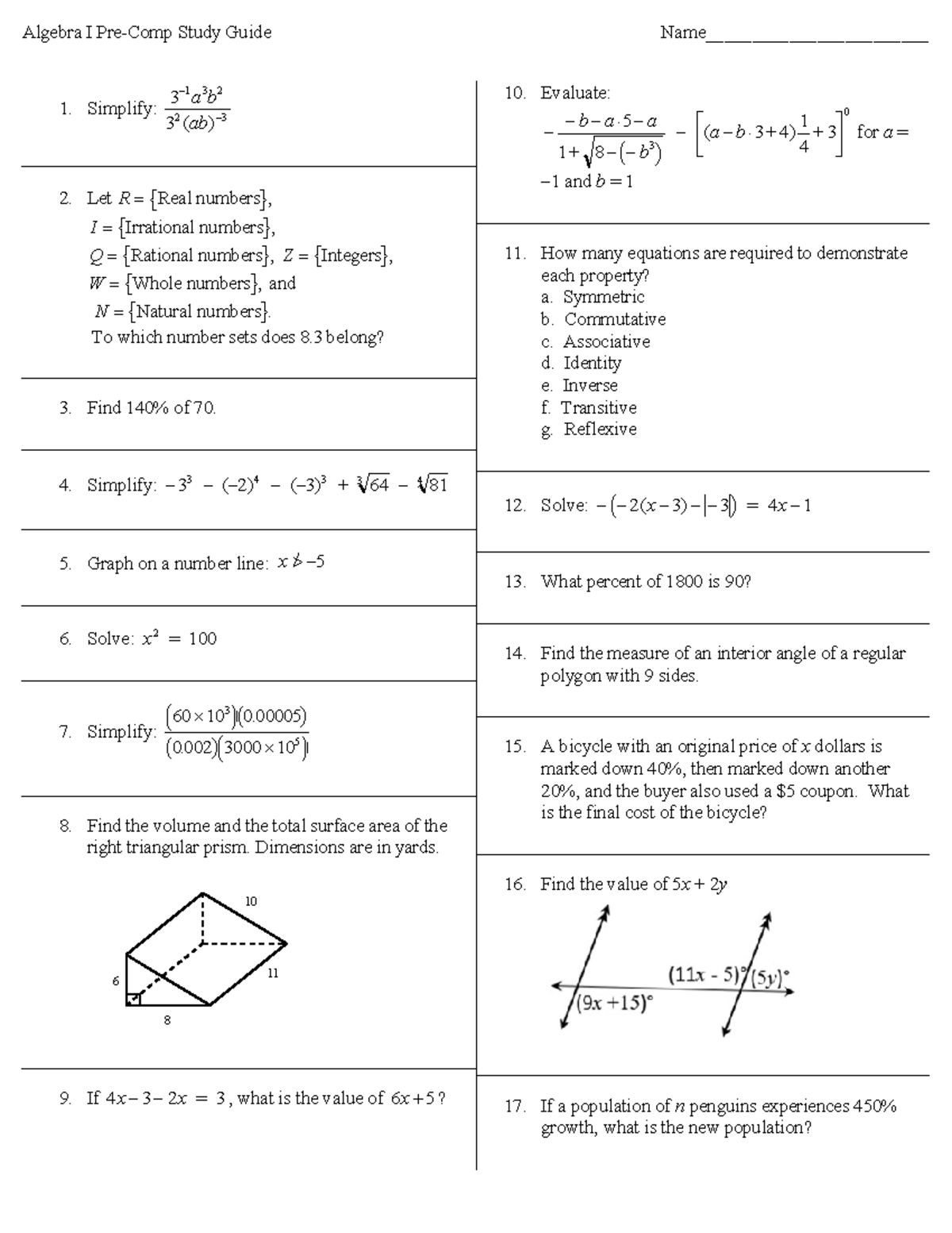 Algebra I Pre-Comp Study Guide with Key - Studocu