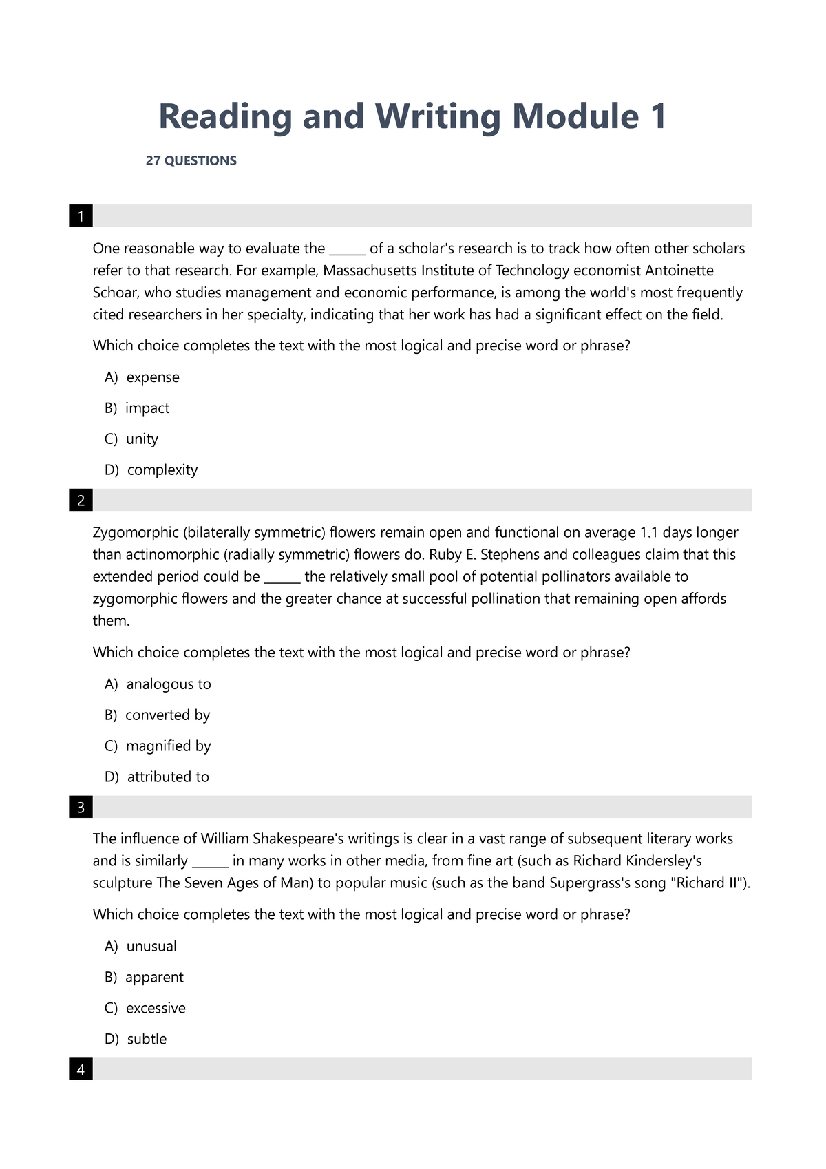 Reading and Writing Module 1 27 Questions - Key - Studocu