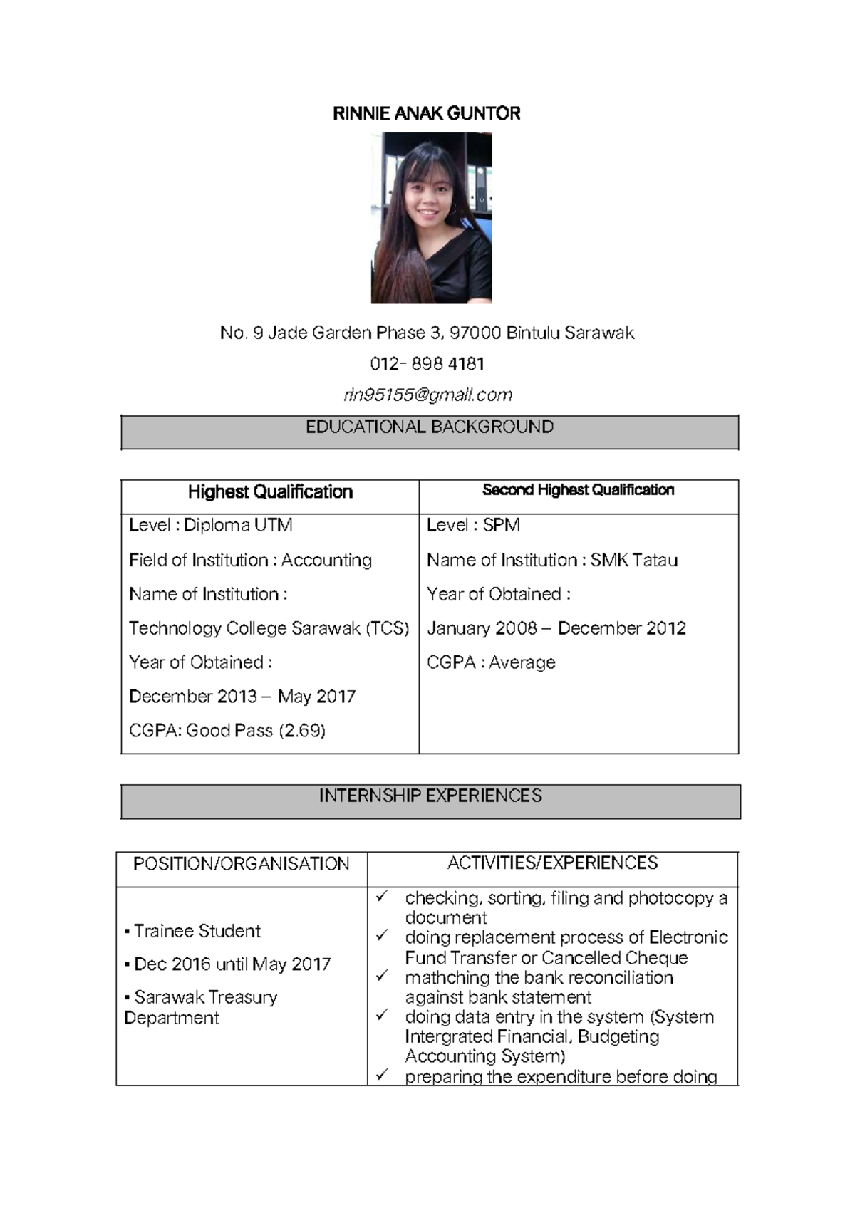 Educational Background and Work Experience Summary for PSY 101 - Studocu
