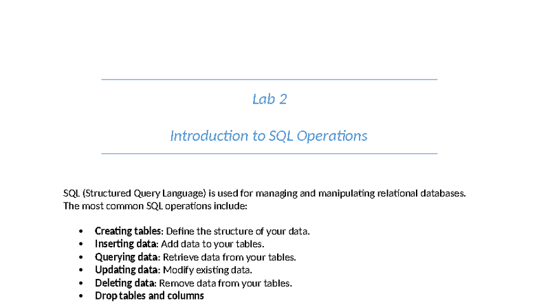 Lab 2 - SQL Operations: Managing Relational Databases - Studocu