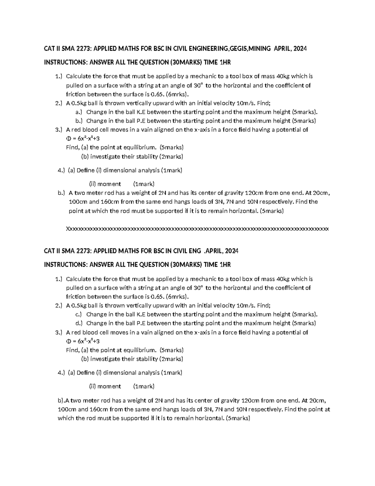 CAT II SMA 2273: Applied Maths for BSc in Civil Eng. Exam Prep - Studocu