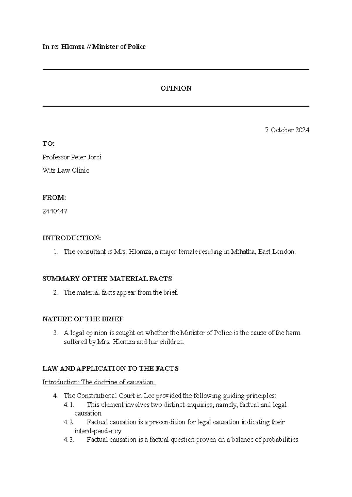 Delict Final Legal Memo: Opinion on Minister of Police's Liability ...