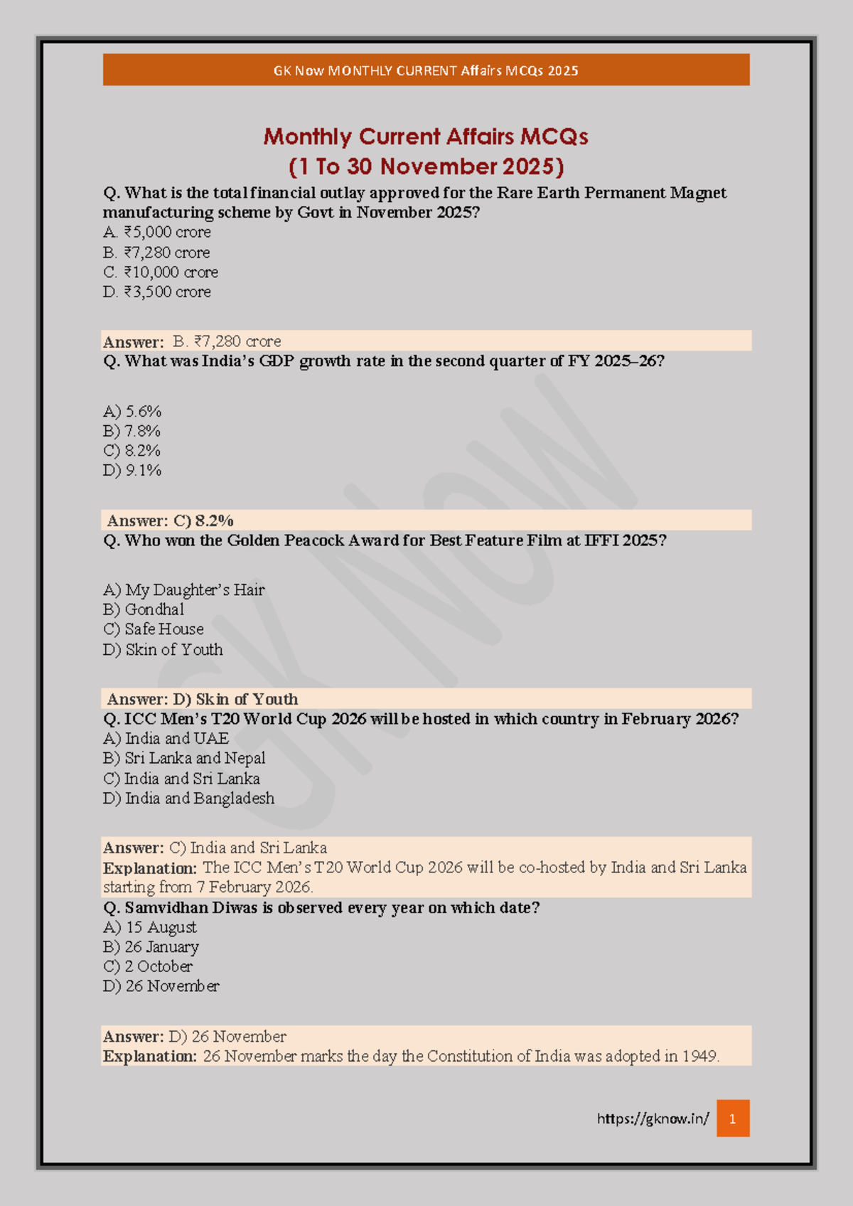 GK Now Monthly Current Affairs MCQs - November 2025 - Studocu