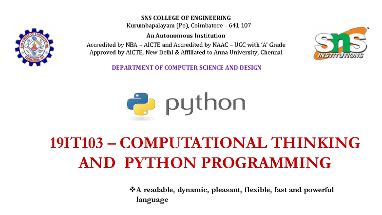 19IT103 Computational Thinking & Python Programming: Unit I Notes - Studocu