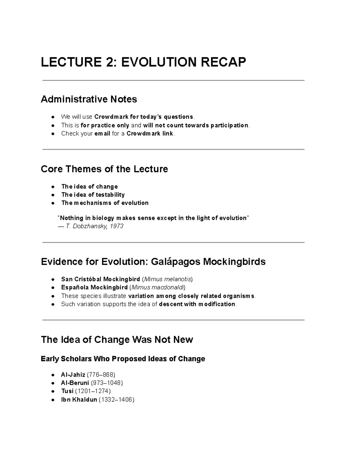 BIO 153 LECTURE 2: EVOLUTION RECAP & Core Themes - Studocu
