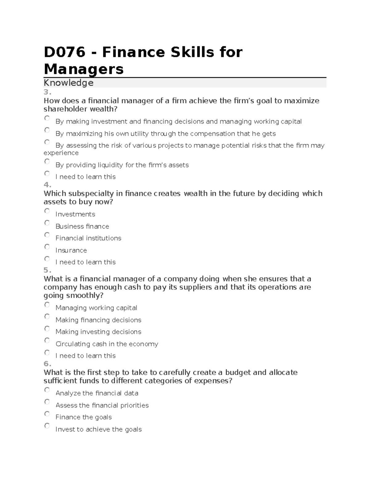 D076 study info - D076 - Finance Skills for Managers Knowledge 3. How ...