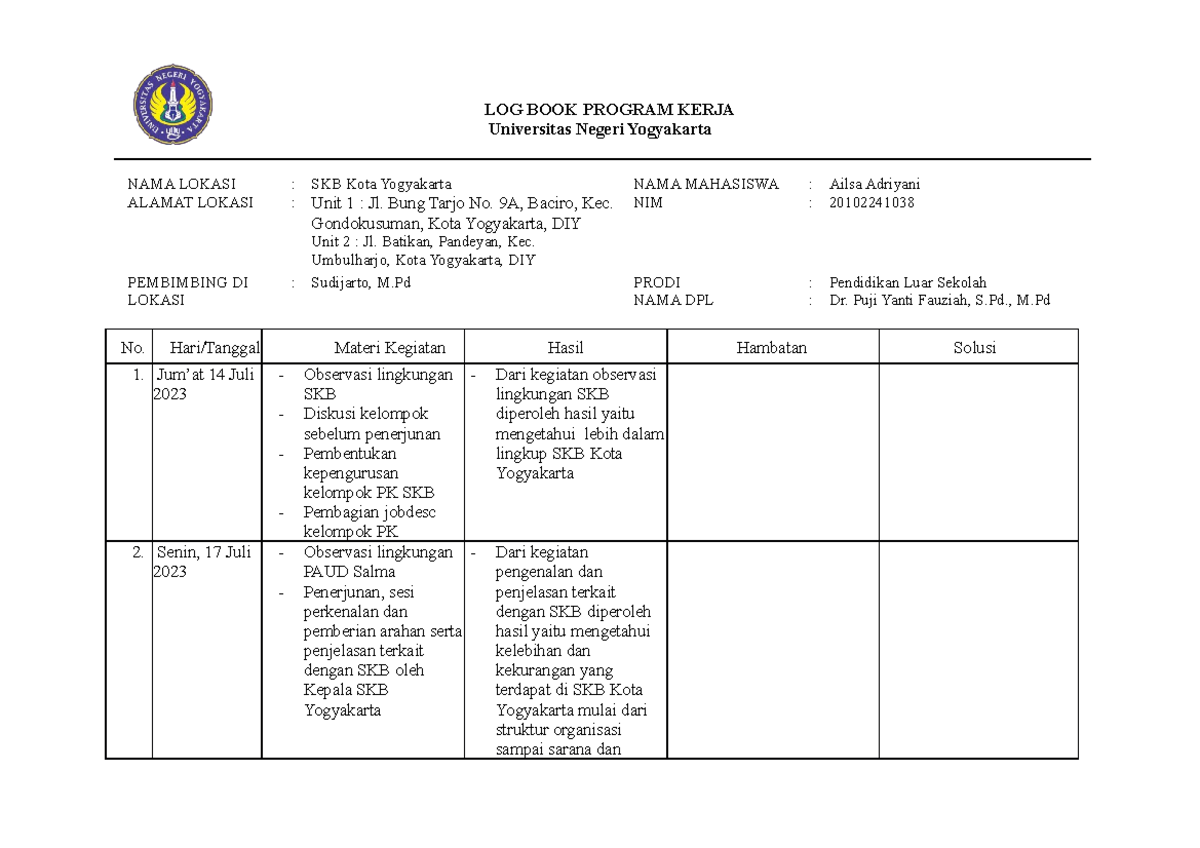 Logbook PK Minggu 1: Observasi & Kegiatan di SKB Yogyakarta - Document Preview