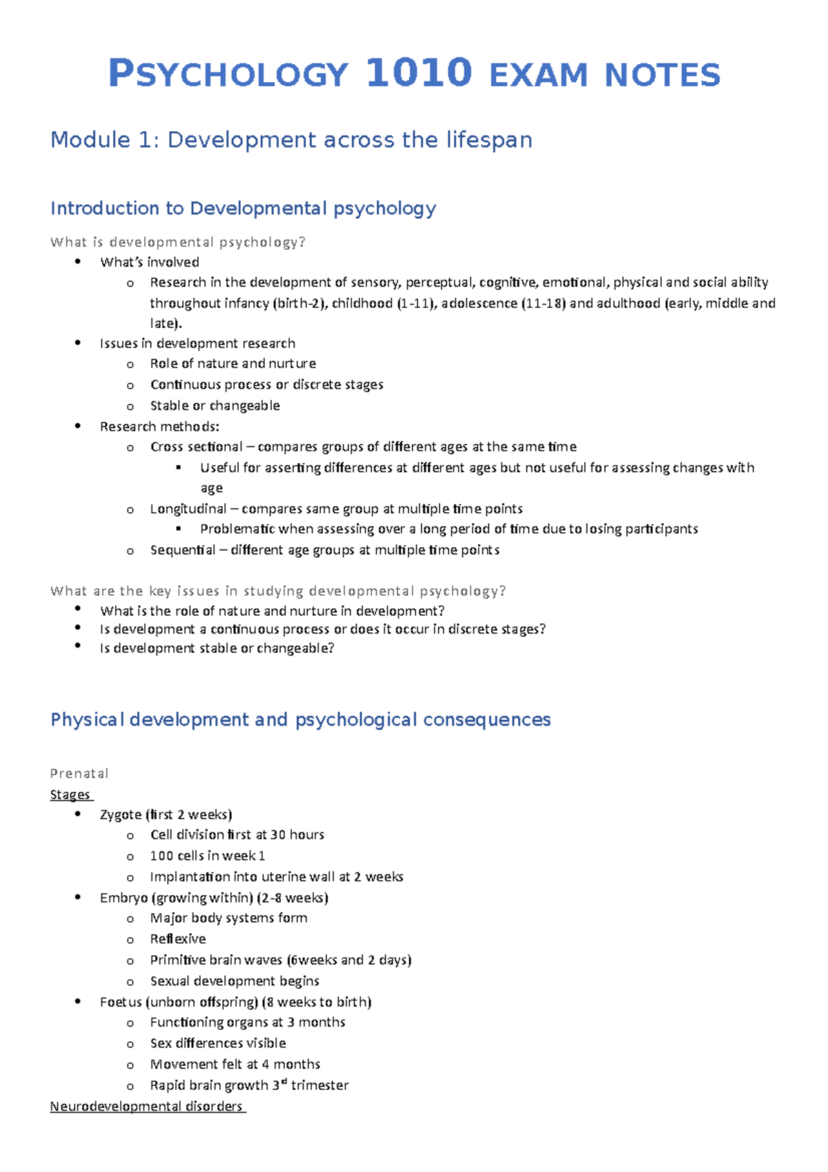 PSYC1010: Developmental Psychology Exam Notes - Key Concepts and ...