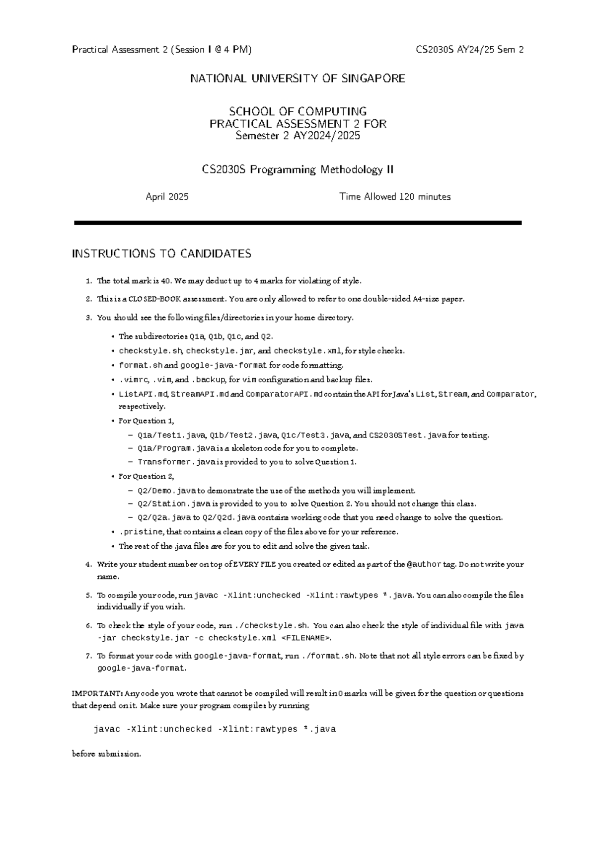 Practical Assessment 2 (Session I & II) CS2030S Sem 2 - Programming ...
