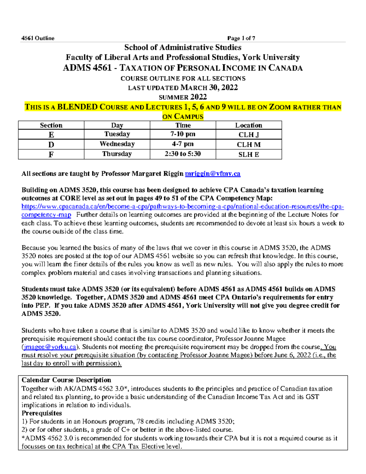 ADMS 4561 Summer 2022 Course Outline and Important Dates - Studocu