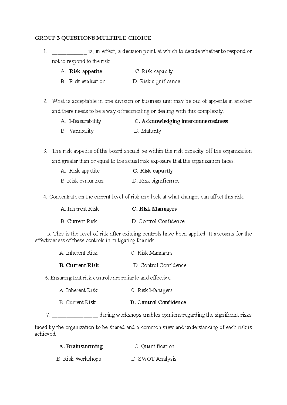 FM4-C Group 3 Multiple Choice Questions on Risk Management - Studocu