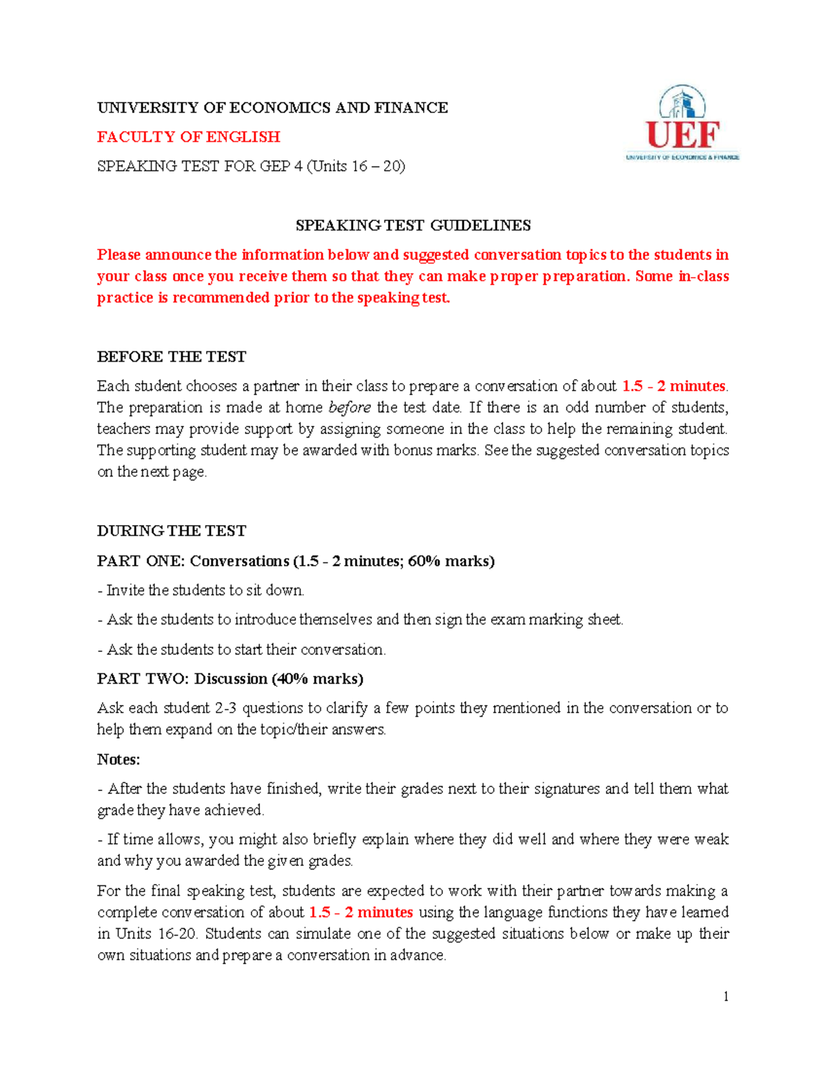 GEP 4 Speaking Test Guidelines (Units 16-20) - Sep 2022 - Studocu
